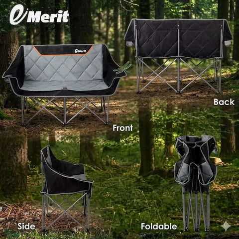 Oversized Heavy Duty Camping Loveseat With Cup Holders Quad Fold Double Camping Couch Holds 650 Lb Weight Capacity Portable Carry Bag For Outdoors Lawn And Sports Events Black shown from front, back, and side in forest setting, with foldable image.