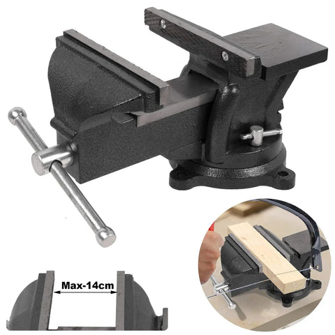 Heavy Duty Six Inch Bench Vise Rock Solid Cast Steel Frame With Double Locking Swivel Base And Flat Hammer Anvil Surface For Tough Daily Shop Grind Woodworking And Pipe Clamping Projects Black Finish, side view showing jaws with wood