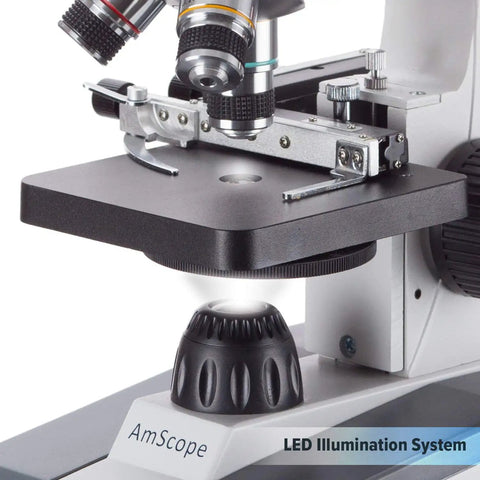 Close-up of Portable Student Microscope With Slide Preparation Kit showing LED Illumination and metal stage.