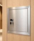 Heavy Duty Drywall Access Door 28 X 28 Inches Stainless Steel Wall Panel With Rotary Latch, keyhole detail.