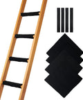 Foot Friendly Bunk Bed Ladder Pads With Soft Brushed Fabric For Plush Foot Comfort, Anti Slip Dots On Bottom, Durable Hook And Loop Straps For A Tight Wrap And Easy Install, 10x10 Inch, Set Of 4, Black next to wooden ladder and extra straps.