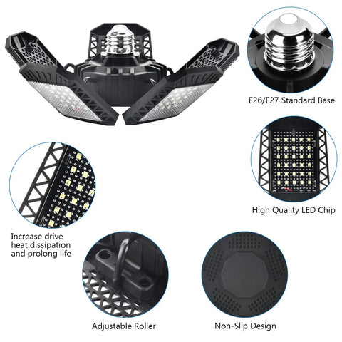 Deformable Five Panel LED Garage Light 120 W 12000 Lumens Bright As Day Shop Ceiling Light For Workshop Basement With E26 E27 Sockets Energy Saving No Flicker 2 Pack