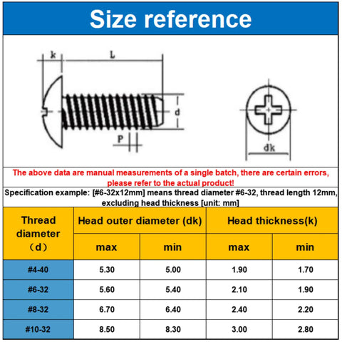 Size reference chart for Heavy Duty Pure Copper Phillips Head Cross Recessed Machine Screws Number 10 Thirty Two By Eight Millimeter Long.