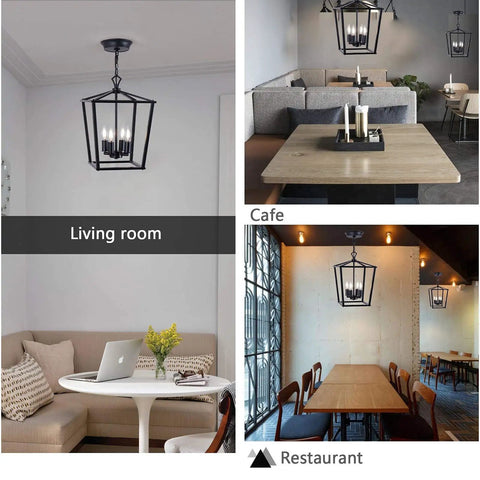 Farmhouse Lantern Pendant Light for Kitchen Island and Dining Room, 12 Inch Black Openwork Cage shown in living room, cafe, restaurant
