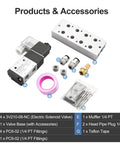 4 Station Solenoid Valve Manifold 12V DC 3 Way 2 Position Pneumatic Air Valve kit with manifold base, solenoids, and accessories.