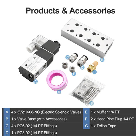 4 Station Solenoid Valve Manifold 12V DC 3 Way 2 Position Pneumatic Air Valve kit with manifold base, solenoids, and accessories.