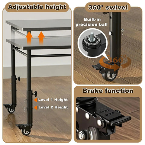 Top Tier Heavy Duty Table Leg Extenders With Casters Four Pack Adjustable Height Risers showing adjustable height and brake function details.