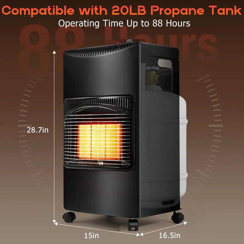 Black 28.7-inch portable heater with visible propane tank, measuring 15 by 16.5 inches, compatible with 20lb tank.