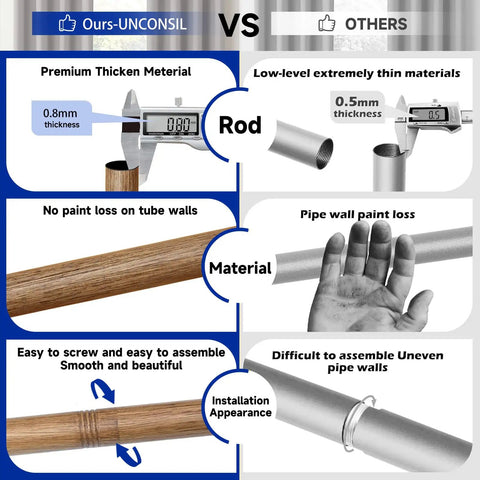 Comparison of heavy duty adjustable curtain rod set with one inch diameter wood grain pattern vs thinner material rod.