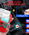 AL329 OBDII Code Reader Scanner showing I/M readiness key and error codes, handheld device used in car diagnostics interface.