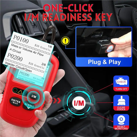 AL329 OBDII Code Reader Scanner showing I/M readiness key and error codes, handheld device used in car diagnostics interface.