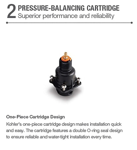 Rite-Temp Pressure-Balancing Valve Body And Cartridge Kit For Shower System showing one-piece design and O-ring seals