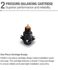 One-piece cartridge design for Rite Temp Pressure Balance Shower Valve Kit with Cartridge No Fuss Service Stops 5 GPM Flow Half Inch NPT.