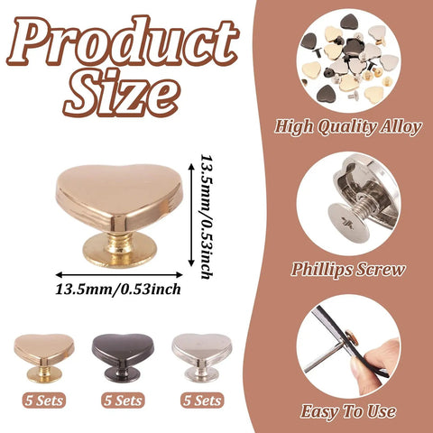 Hassle Free 15 Piece Heart Shaped Leather Rivets Kit Dope Alloy Studs And Screws showing heart-shaped rivets in various colors, 13.5mm size.