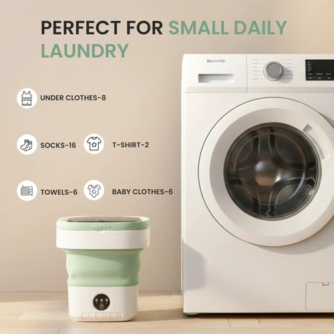 Totally Foldable Hella Portable Washing Machine With Heavy Duty Spin Basket And Three Fast Wash Cycles Super Compact 16 Liter with laundry capacity guide.