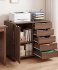 Total Game Changer Smooth Rolling 5 Drawer Wooden Filing Cabinet With Side Door And Adjustable Shelf Mobile Printer Stand Organizer For Home Office Bedroom Coffee Finish in a modern office setting.