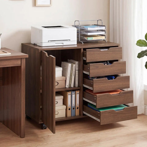 Total Game Changer Smooth Rolling 5 Drawer Wooden Filing Cabinet With Side Door And Adjustable Shelf Mobile Printer Stand Organizer For Home Office Bedroom Coffee Finish in a modern office setting.