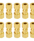 Brass Compression Tube Fitting One Quarter Inch To One Quarter Inch OD Ten Pack Twenty Four Degree Tapered Bore Sleeve Included Durable Plumbing Fittings Pro Grade Brass For DIY Installations, 10 brass fittings on white