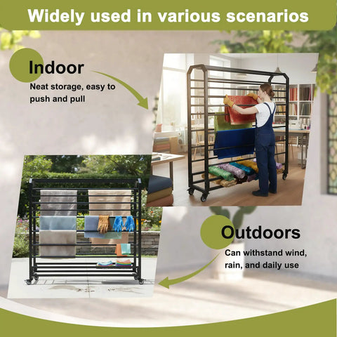 Straight Up Heavy Duty 16 Rods Fabric Roll Storage Rack With Adjustable Hanging Bars Easy Glide Casters No Fuss Vinyl Holder On Wheels in indoor and outdoor settings.