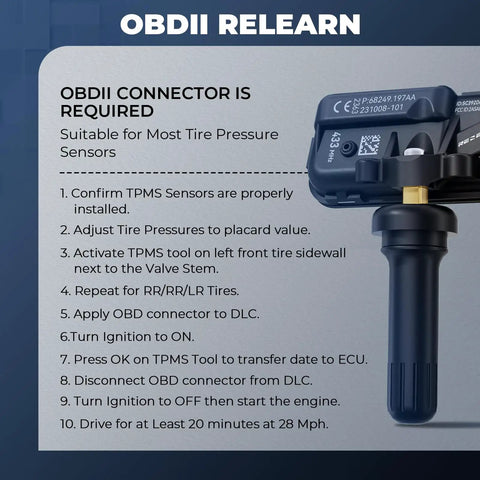 TPMS Sensor Set Of 4 433MHz Tire Pressure Monitoring System Pre Programmed Auto Relearn Replacement For Your Ride Make Model Year High Quality New Sensors Ready To Roll After A Quick 20 Minute Drive, OBDII relearn tool