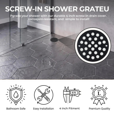 Zero Hassle Screw In Round Shower Drain Cover With A Slick Matte Black Look Heavy Hitter 4 Inch Od Floor Drain Grate installed in a bathroom.