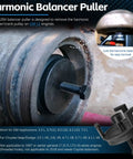 Crank Pulley Puller Kit For LS Engines And Chrysler Dodge Jeep Vehicles in use on harmonic balancer, close-up view.