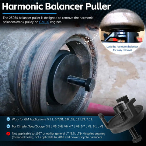Crank Pulley Puller Kit For LS Engines And Chrysler Dodge Jeep Vehicles in use on harmonic balancer, close-up view.