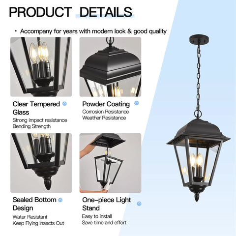 Large Outdoor Pendant Light With Two Lights, 13 Inch Tall Modern Black Exterior Hanging Fixture With Clear Glass, Weatherproof IP65 Rated, Anti Rust Outdoor Ceiling Mount Chandelier For Porch Farmhouse Entryway