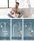 Floor Mount Bath Tub Faucet Freestanding Tub Filler With High Flow Shower And 360 Degree Swivel Spout Handheld Shower All Metal Solid Brass Chrome Finish in use next to a family near a bathtub.