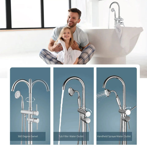 Floor Mount Bath Tub Faucet Freestanding Tub Filler With High Flow Shower And 360 Degree Swivel Spout Handheld Shower All Metal Solid Brass Chrome Finish in use next to a family near a bathtub.