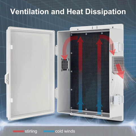 All Weather Outdoor Electrical Junction Box With Waterproof Abs Panel Enclosure And Removable Grille Snap Lock Hinged Cover showing ventilation and heat dissipation.