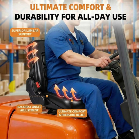 Universal Heavy Duty Operator Seat Skid Steer Tractor Backhoe Excavator showing adjustable backrest and lumbar support.