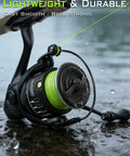 Lightweight spinning reel with heavy duty carbon fiber frame, 5.2:1 gear ratio, green line, saltwater resistant, 7.05 oz