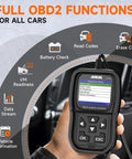 Hand-held Ford Lincoln Mercury All Systems OBD2 Scanner For Engine ABS SRS Transmission And 4WD Diagnostics EPB Throttle Oil Reset Battery Registration Scan Tool showing diagnostic menu.