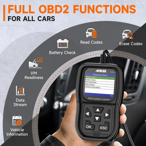 Hand-held Ford Lincoln Mercury All Systems OBD2 Scanner For Engine ABS SRS Transmission And 4WD Diagnostics EPB Throttle Oil Reset Battery Registration Scan Tool showing diagnostic menu.