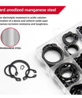 Durable Pro Grade 225 Piece 304 Stainless External Retaining Ring Set For Shafts E Type Circlips 15 Sizes From M3 To M25 Anti Rust C Clip Snap Ring Repair Kit For Mechanical Assemblies, black manganese steel in box