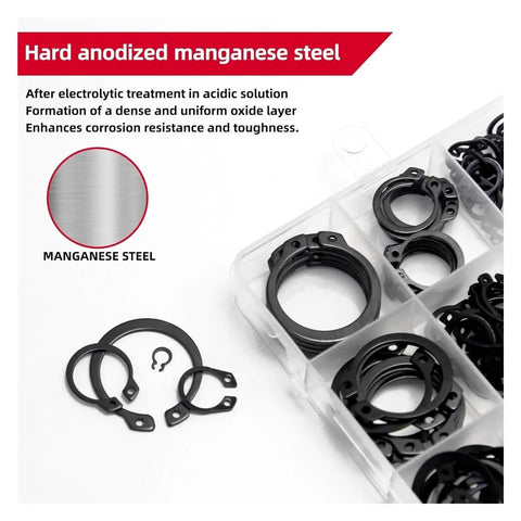 Durable Pro Grade 225 Piece 304 Stainless External Retaining Ring Set For Shafts E Type Circlips 15 Sizes From M3 To M25 Anti Rust C Clip Snap Ring Repair Kit For Mechanical Assemblies, black manganese steel in box