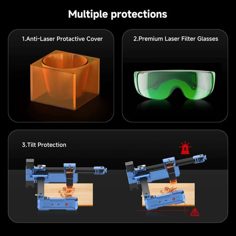 Laser engraver safety features: orange anti-laser cover, green filter glasses, blue tilt-protection unit with wood.