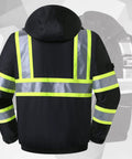 Back view of Hi Vis Waterproof Winter Bomber Jacket With Ten Pockets, 3M Reflective Strips, Secure Tablet Pocket, Detachable Hood