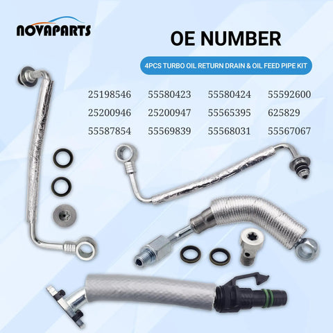 Four Pack Plug N Play Turbo Oil Return Drain Line And Oil Feed Pipe Kit For Chevy Cruze Sonic Trax And Buick Encore One Point Four Liter 2011 Through 2021 Replacement For Part Numbers 25198546 55592600 55568031 pipe kit on display.