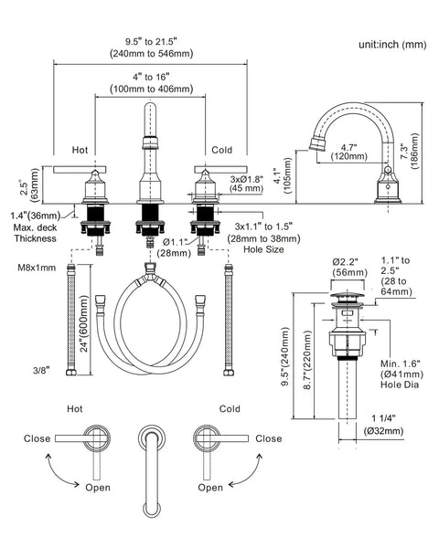 Technical diagram of Two Handle Dope Matte Black Bathroom Faucet With Pop Up Drain Widespread 8 Inch Basin Vanity Sink Tap.