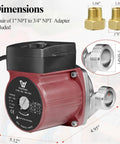 Heavy Duty 304 Stainless Steel Hot Water Recirculating Pump With Three Speed Settings And Full Copper Coil, size and adapter details.