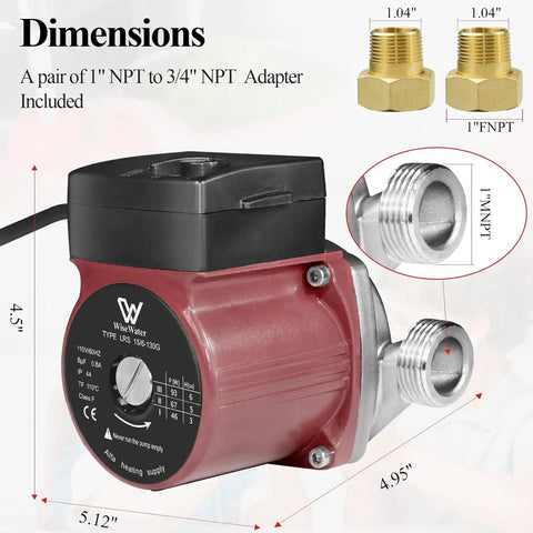Heavy Duty 304 Stainless Steel Hot Water Recirculating Pump With Three Speed Settings And Full Copper Coil, size and adapter details.