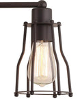 Close-up of Sleek Oil Rubbed Bronze Modern Industrial Vanity Light with metal cage shade and LED bulb