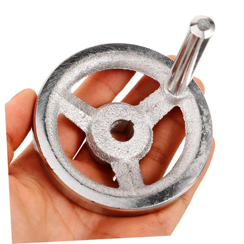 Two Pack Lathe Handwheel Replacement Wheels With Chrome Coating shown in hand, durable carbon steel build, keyed slot visible.