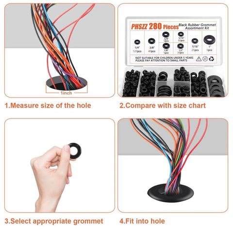 Rubber Grommets Kit 280 Piece Assortment For Wiring Automotive Firewall Sheet Metal Hardware Repair; wiring installation process with grommet size chart.