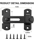 Hella Durable 180 Degree Flip Barn Door Latch Pack Matte Black Stainless Steel Gate Lock with dimensions 4x2.76 inches and screws.