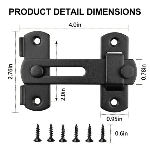 Hella Durable 180 Degree Flip Barn Door Latch Pack Matte Black Stainless Steel Gate Lock with dimensions 4x2.76 inches and screws.