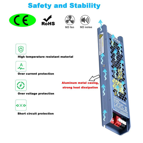 Image of Dimmable 48V LED Driver Power Supply 200W Transformer Adapter, aluminum casing, safety features, for LED light bars and fixtures.