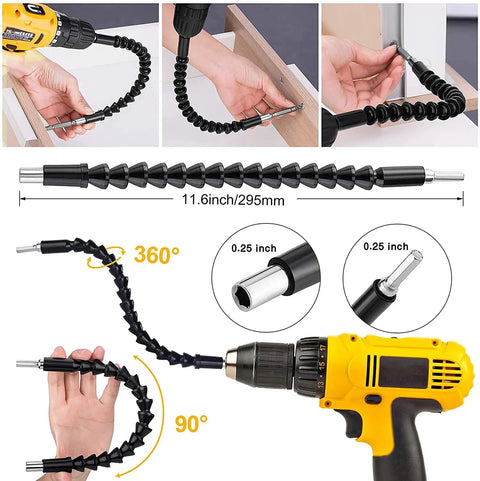 Crazy Handy Flexible Drill Bit Extension And Universal Socket Wrench Set With 105 Degree Right Angle Attachments shown in use